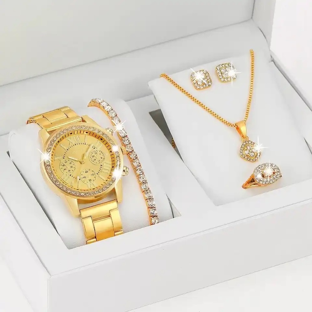 6‎ Piece Set Women Fashion Roman Dial Stainless Steel Strap Quartz Wrist Watch